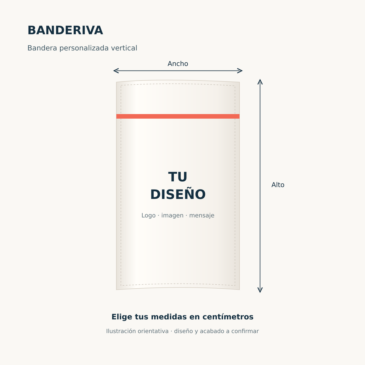 Bandera personalizada vertical a medida: ancho y alto en centímetros · Ilustración orientativa Banderiva