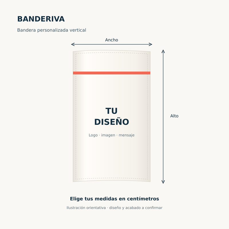 Bandera personalizada vertical a medida: ancho y alto en centímetros · Ilustración orientativa Banderiva